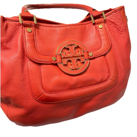 Tory Burch Amanda Red/Orange Pebble Leather Logo Hobo Shoulder Bag No Strap - Picture 3 of 16